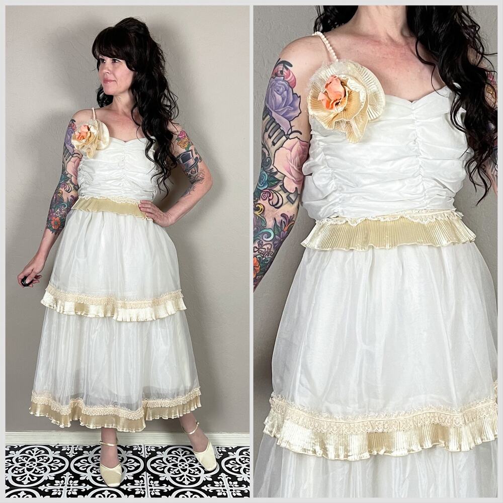 Vintage 1970s Ivory and Peach Chiffon Tiered Prom Dress